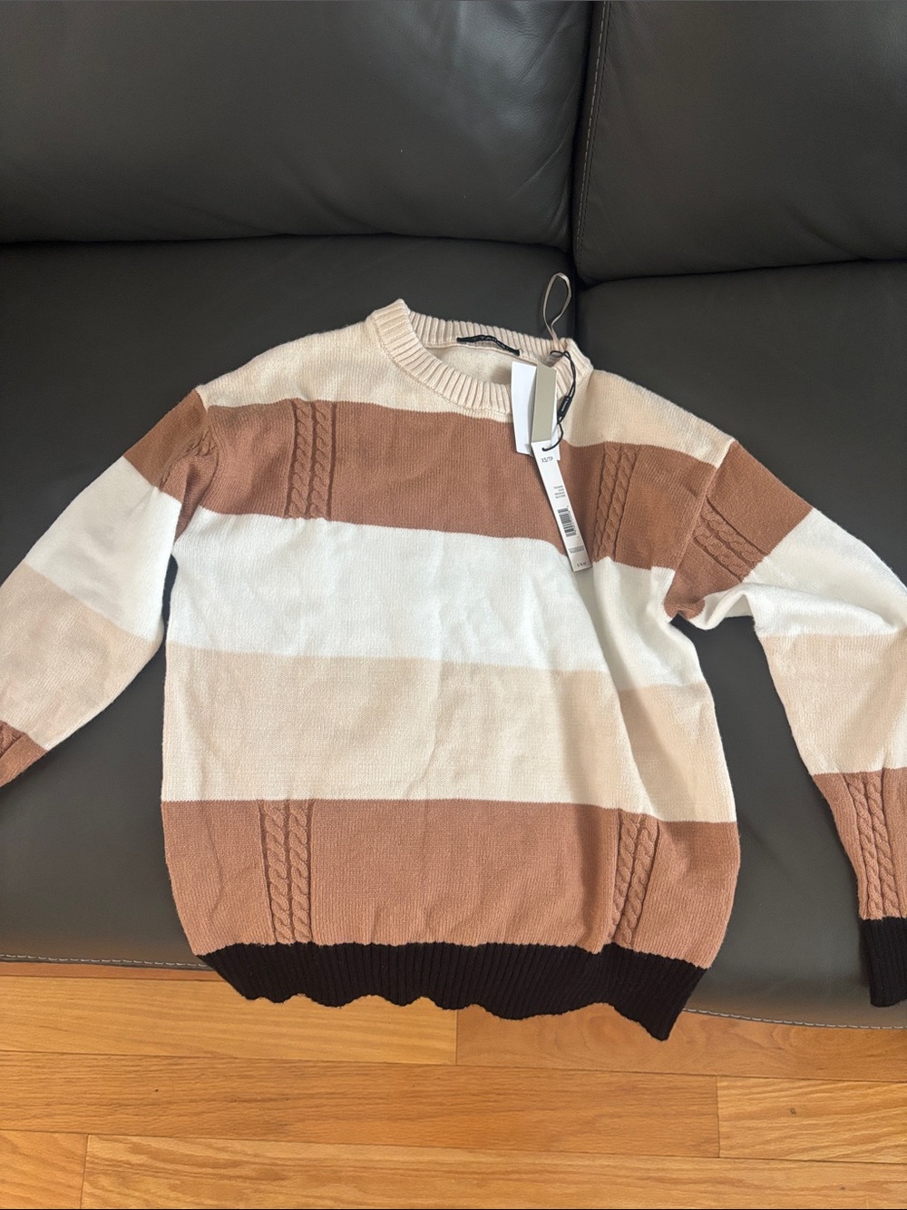 Tahari Striped Crewneck Sweater in Cream, Brown and Black